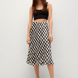 MANGO Black & White Polka Dot Print Crinkled Midi Flared Skirt